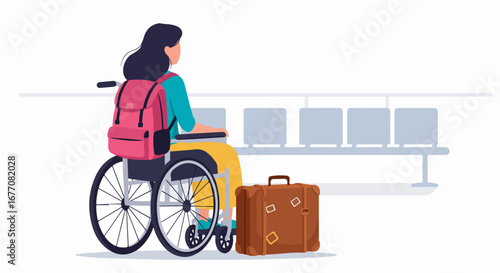 Wheelchair travel, woman with backpack and luggage at airport waiting area. Wheelchair travel shows traveler with disabilities on journey, showing determination and adventure.