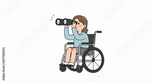 Wheelchair user looking far with binoculars on white background. Wheelchair user utilizes binoculars for observing something at distance with hope and inspiration.