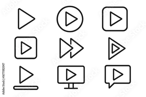 Play button icon set. Video media player start symbol. UI UX interface elements. Forward next arrow sign. Multimedia graphic. Simple line art. Web app design vector pictogram.
