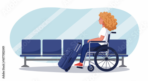 Wheelchair user at airport terminal with luggage near waiting area. Wheelchair user waits pensively, dreaming of travel and adventures, representing resilience.
