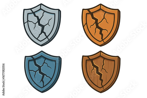 Cracked shield vector icon set. Broken security and defense concept. Damaged protection symbol for game app. Vulnerability, failure, data breach metaphor. Stone, wood, metal.