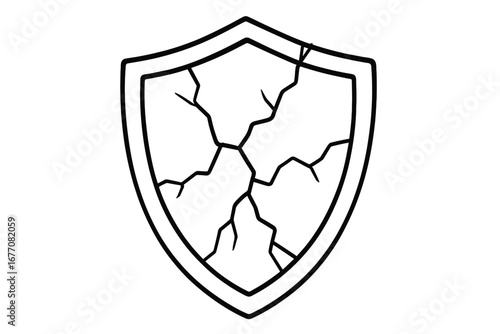 Cracked shield icon vector line illustration. Concept of broken defense, vulnerability, and security failure. Metaphor for data breach, risk, and cyber attack. Damaged.