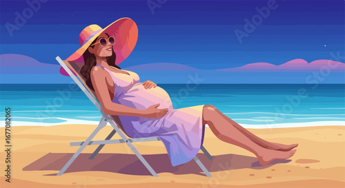 Pregnant woman on beach, resting in chair under sun. This pregnant woman enjoys tranquil beach scene, feeling relaxed and calm, dreaming of her baby.