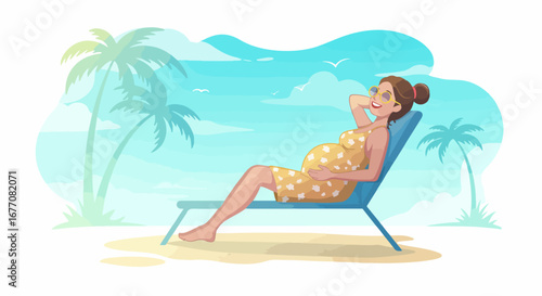 Pregnant woman enjoys beach rest, sunbathing in summer dress on beach chair. This pregnant woman has serene expression, enjoying summer rest and the tranquility of seascape.