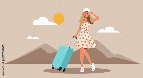 Woman with luggage on vacation. Woman with luggage ready to travel enjoys summer holiday, adventure, or weekend getaway, perfect for brochures.