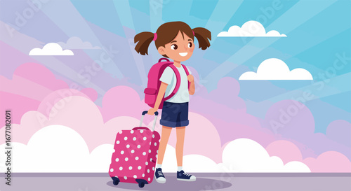 Little girl traveling with luggage and backpack for vacation. Little girl traveling with her wheeled suitcase and travel bag, wearing casual clothes, ready for journey and adventure.