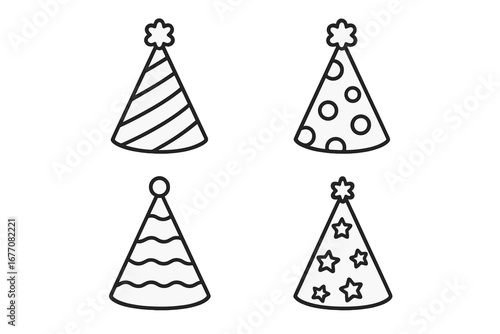 Party hat bundle thin line icons, editable stroke vector set, festive celebration hats, transparent background, cartoon style for websites, books, cards, apps, ordered set 3