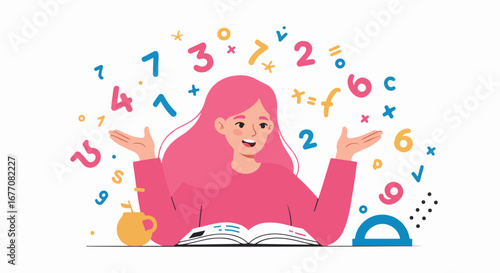 Enthusiastic math student with open book and numbers floating around, concept. Math student has an open book and is surrounded by equations.