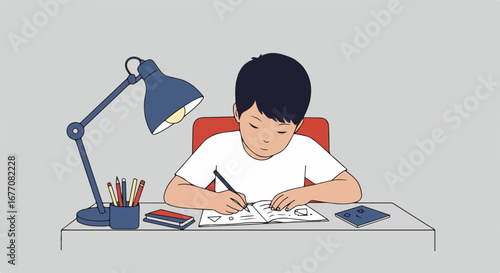 Little boy drawing at desk with lamp, concentrating and creating art, Little boy drawing with pen and pencil. Child's desk setup for homework or creative time. Little boy drawing fosters imagination.