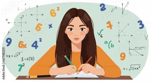 Student studying math problems in notebook, surrounded by formulas and numbers. Studying math and science is depicted with various mathematical operations.