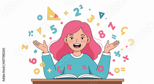 Smiling girl with math equations above head, happy about mathematics. Mathematics floating numbers and symbols surrounding cheerful schoolgirl and math book on table.