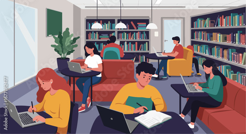 People in library with bookshelves and laptop computers make for a productive study session. Library interior shows students reading books, using laptop computers,