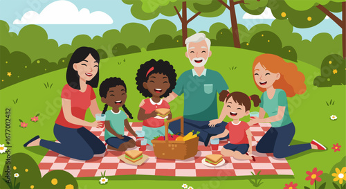 Family picnic at park on blanket in summer, with various generations and ethnicities enjoying their leisure time. Family picnic involves sandwiches and fruit,