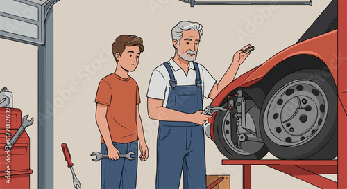 Car repair mentorship shows apprentice working on automobile with senior mechanic, car repair. Vehicle mentorship is a unique experience to acquire mechanical knowledge and skills.