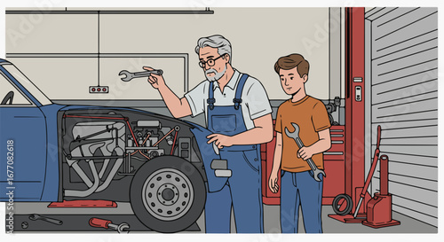Grandfather teaching grandson car repair in garage.  Experienced mechanic showing young apprentice how to use wrench on classic car engine.