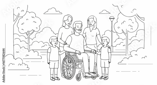 Happy family with father in wheelchair enjoying park outing. Family members stand beside wheelchair bound dad.  Parents and sons spend quality time together.