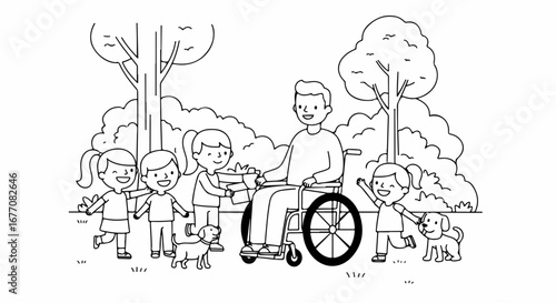 Happy family with children and pets in park. Father in wheelchair enjoys playtime with kids and dogs.  Family fun depicts inclusive joyful moments.