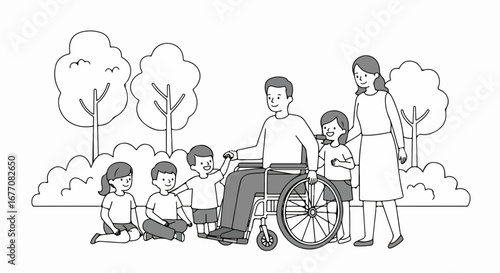 Happy family in park with father in wheelchair. Family enjoying sunny day outdoors. Parents with children spending quality time together.