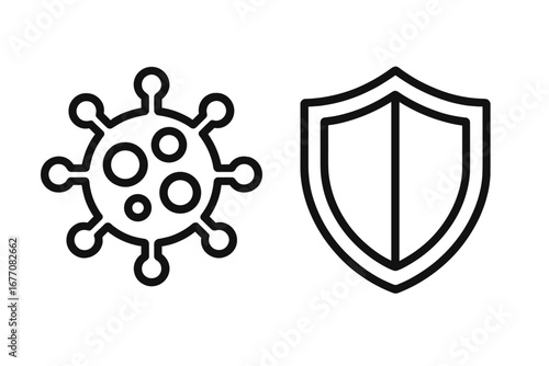 Virus protection icon. Immune system concept with shield and bacteria, germ or coronavirus. Health care, medical defense symbol. Antiviral, immunity, prevention illustration.