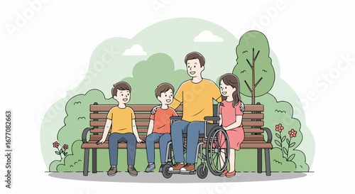 Happy family sitting on park bench. Father in wheelchair with two sons and daughter spending quality time outdoors. Family enjoying summer day in nature.