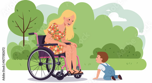 Happy mother in wheelchair enjoying park with her child.  Young mother and toddler boy in wheelchair at park. Happy family concept image, perfect for Mother's Day cards and inclusivity campaigns.