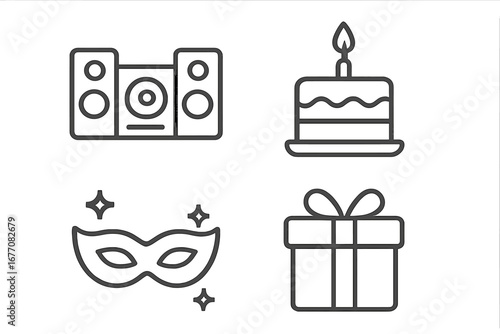 Party line icon bundle, modern linear collection for design, websites, apps, cards, includes musical center, birthday cake, masquerade mask, gift present, celebration vector set