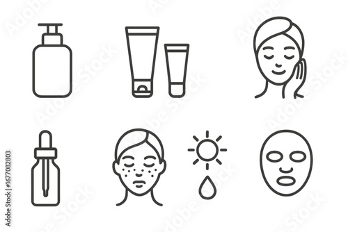 Skincare beauty routine icon set. Cosmetics line art. Face cream, serum, sunscreen, acne treatment, face mask pictogram. Dermatology and cosmetology vector symbols collection.