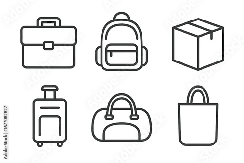 Set of bag and baggage line icons. Vector symbols for travel, business, and shopping. Includes briefcase, backpack, luggage, package, duffel bag, and tote. UI UX elements.