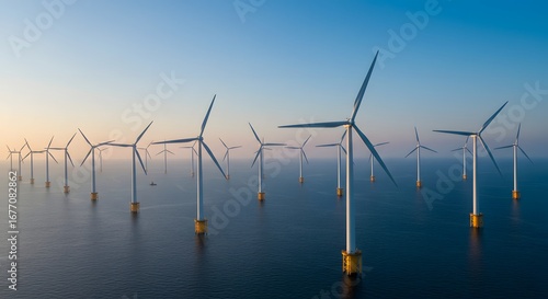 windkraftanlagen auf dem feld. Wind Turbines Windmill Energy. Offshore wind farm at sunrise, numerous turbines generating clean energy in calm sea.