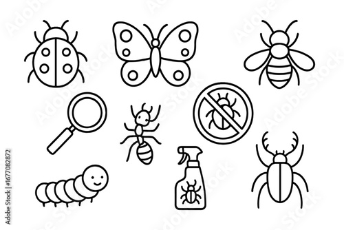 Insect and pest control line icon set. Editable stroke vector collection of bug symbols: ladybug, butterfly, bee, ant, stag beetle, caterpillar, insecticide spray, warning sign.