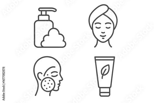Skincare beauty line icons. Face wash foam, spa facial treatment, dermatology for problem skin with acne, natural organic cosmetic cream. Minimalist vector pictogram set.
