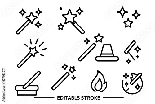 Magic wand line icon set for web and apps. Editable stroke vector illustration. Wizardry, fantasy, magician trick, sparkle, star, and miracle symbols for graphic design.