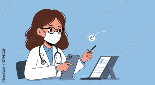 Female doctor using tablet for online consultation. Doctor shows medical report during virtual appointment. Online medical consultation via video call using digital tablet.