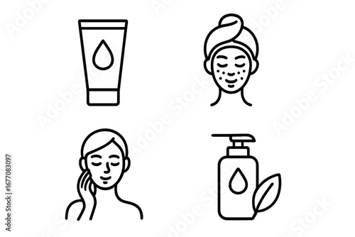 Skincare and beauty routine outline icon set. Vector line art of face cream, lotion, soap dispenser, and facial mask. Concept for cosmetology, dermatology, and spa treatment.