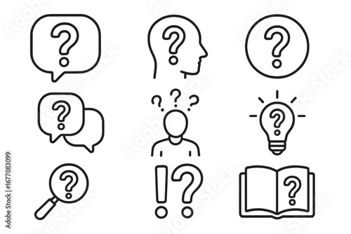 Question mark line icon set for help and support. FAQ, query, and problem-solving symbols. Vector icons for web design, apps. Thinking, doubt, and solution concepts.
