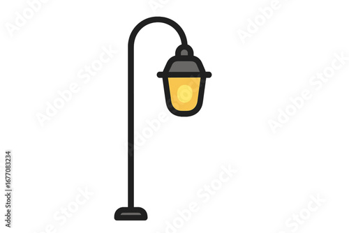 Street lamp post icon. Vintage city lamppost with glowing light bulb. Vector cartoon illustration for urban, park, or outdoor themes. Classic road lantern symbol design.