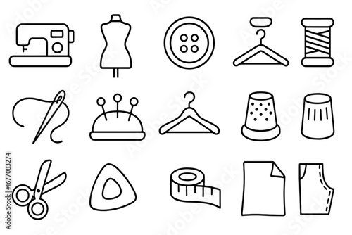 Sewing and garment outline icons set for design, fashion apps, social networks, tailoring tools vector cartoon illustration with transparent background, crafting and DIY elements collection