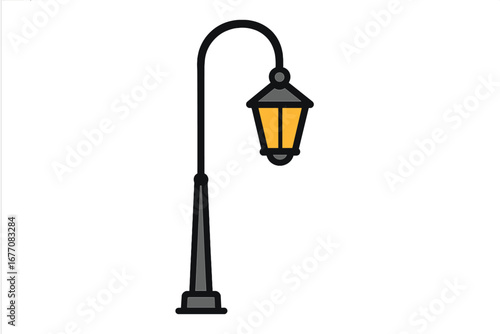 Vintage street lamp post. Classic city light lantern. Retro urban park illumination. Old streetlight pole. Vector icon symbol for web, graphic design, apps, cartoon.
