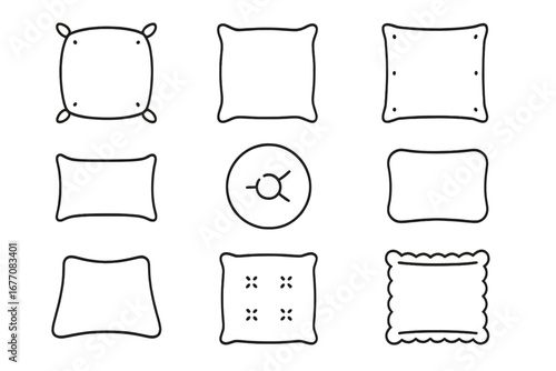 Pillow and Cushion Outline Icon Collection with Editable Stroke for Infographics, Articles, Books, Flyers, Banners, and Vector Cartoon Illustrations, Transparent Background