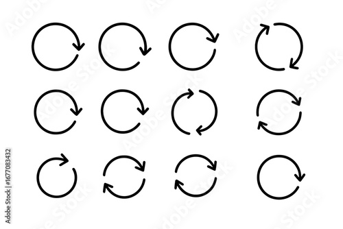 Set of circle arrow line icons. Refresh, reload, repeat, and rotate symbols. Update, sync, and restart buttons for UI UX design. Loop, cycle, and circular vector signs.