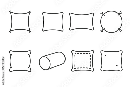 Pillow and Cushion Outline Icon Collection with Editable Stroke for Infographics, Articles, Books, Flyers, Banners, Vector Cartoon Illustration of Soft, Cozy Home Decor Items