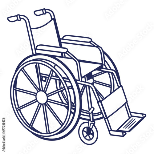 Minimilist detailed line drawing of a manual wheelchair with large wheels and footrests in blue outline style vector