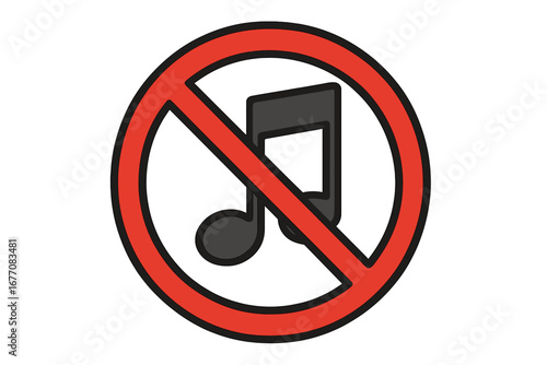 No sound sign vector icon. Music prohibited symbol. Mute button concept. Keep quiet pictogram. Forbidden noise and audio line art. No music allowed illustration.