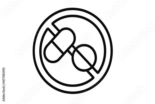 No drugs line icon. Pills prohibited sign. Medicine forbidden. Stop doping concept. Vector graphic of capsule, tablet for healthcare, pharmacy, addiction, abuse, illegal, warning.