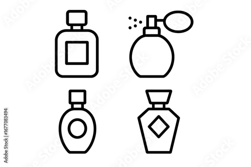 Perfume bottle line icon set. Fragrance, scent, and cologne vector symbols. Minimalist cosmetic and beauty care signs for web, app, and graphic design. Glamour spray bottle.