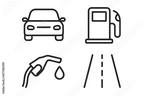 Set of car, gas station, and road related line icons. Outline transport signs for graphic design. Vector automobile, fuel pump, highway symbols for UI, UX, and infographics.