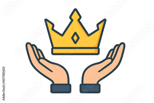 Crown in open hands vector icon. Concept of royalty, power, success, and leadership. Premium quality symbol. Best choice, reward, and achievement illustration for apps.