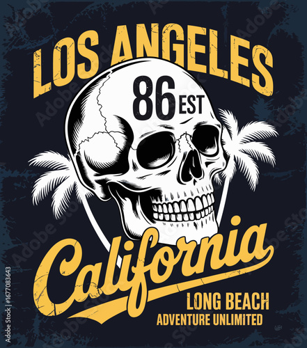 This bold graphic features a striking skull design set against palm trees, representing the adventurous spirit of California, incorporating a vintage aesthetic that defines laid-back culture.
