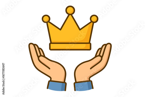 Vector icon of open hands with a floating crown. Symbol of leadership, success, wealth, and monarchy. Graphic for business concepts, achievement, and receiving a reward.
