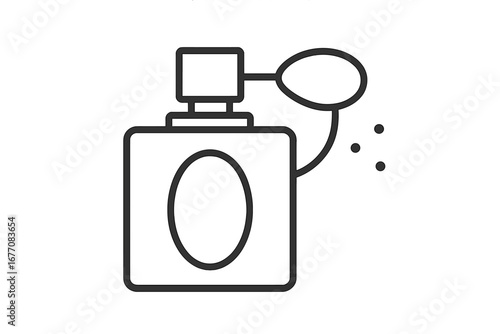 Perfume bottle thin line icon. Fragrance spray with vintage atomizer. Beauty and fashion symbol. Cosmetics, scent, aroma, glamour concept. Vector outline illustration. Eau de toilette.